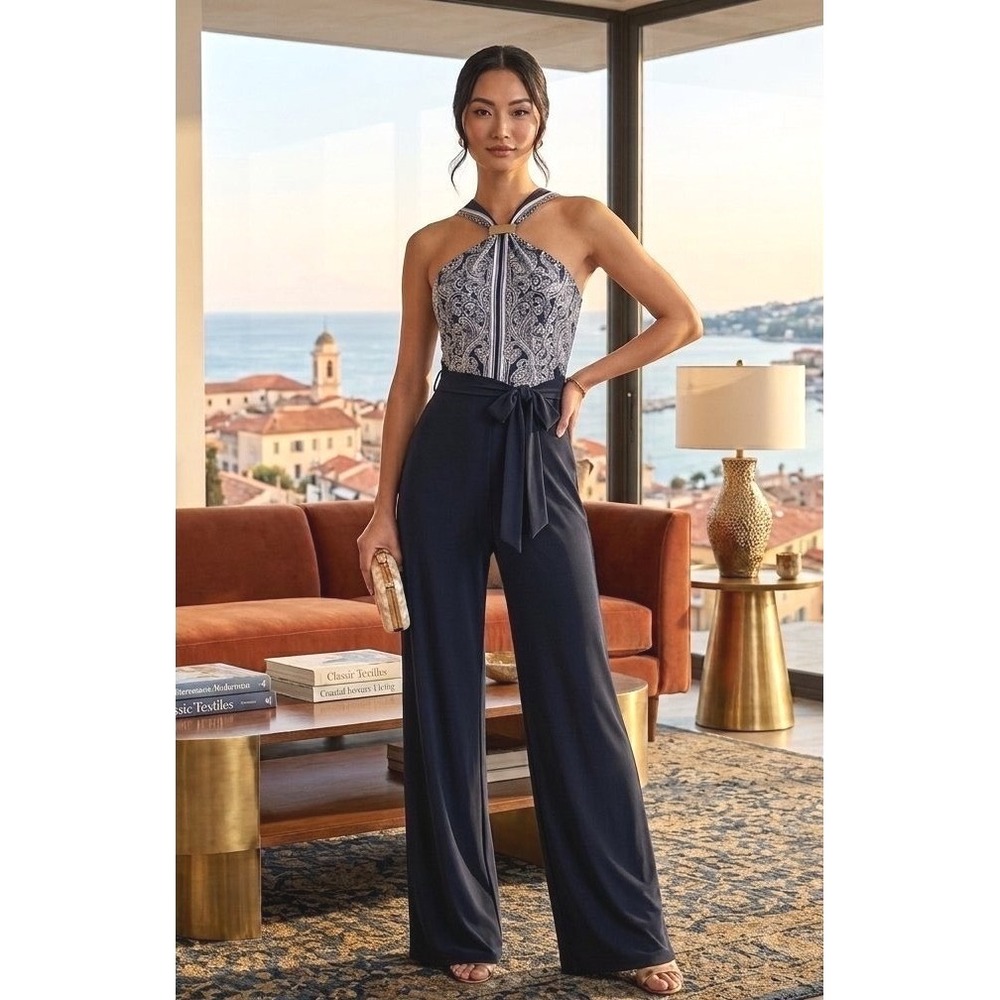 Cache Women 4 Navy White Paisley Halter Jumpsuit NWT "Mistagged" Stretch Evening